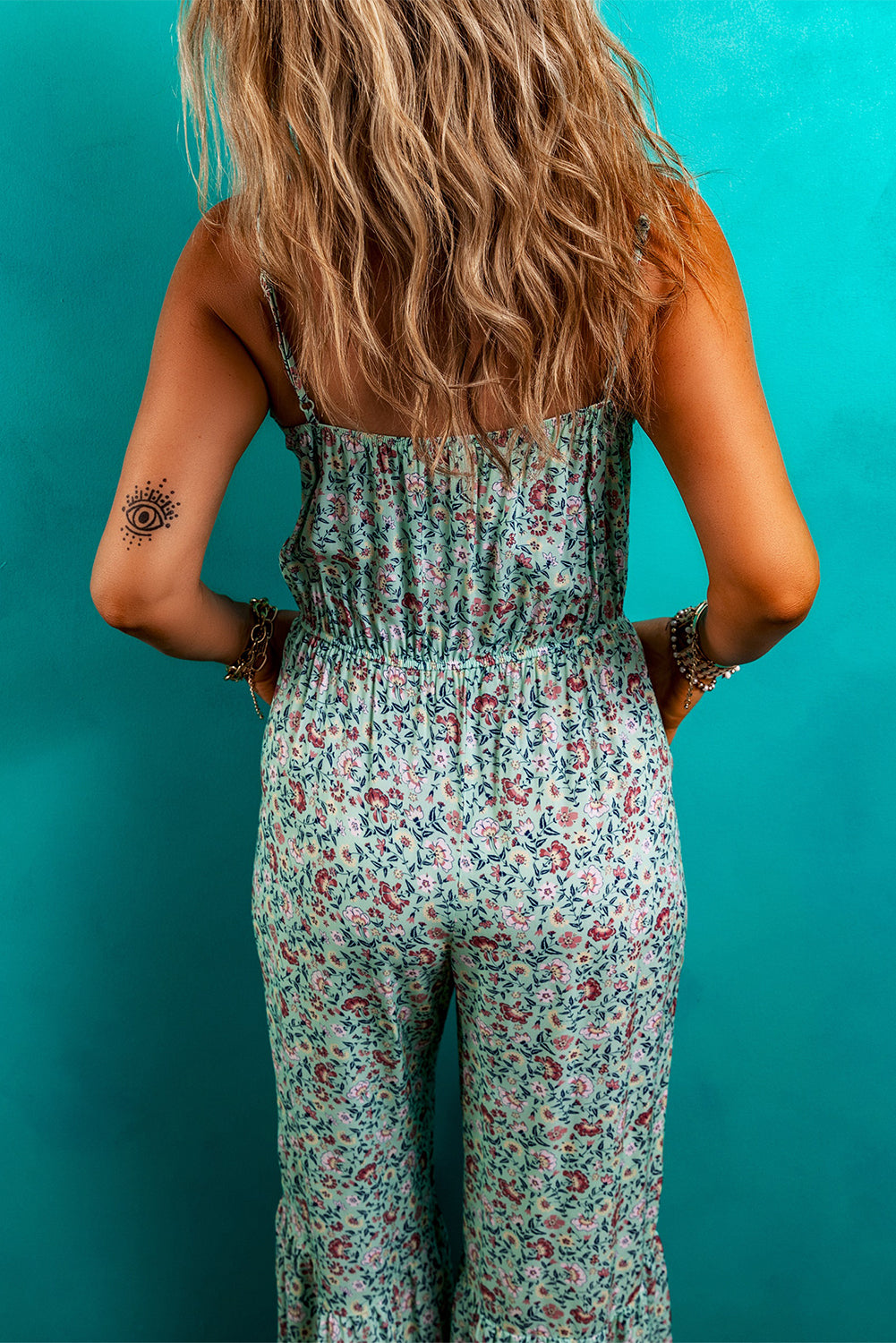 Green Bohemian Floral Ruffle Bottom Spaghetti Strap Jumpsuit Jumpsuits & Rompers JT's Designer Fashion