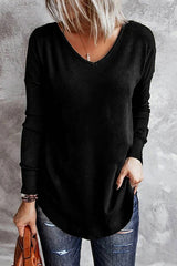 Black Solid Color V Neck Long Sleeve Knit Top Long Sleeve Tops JT's Designer Fashion
