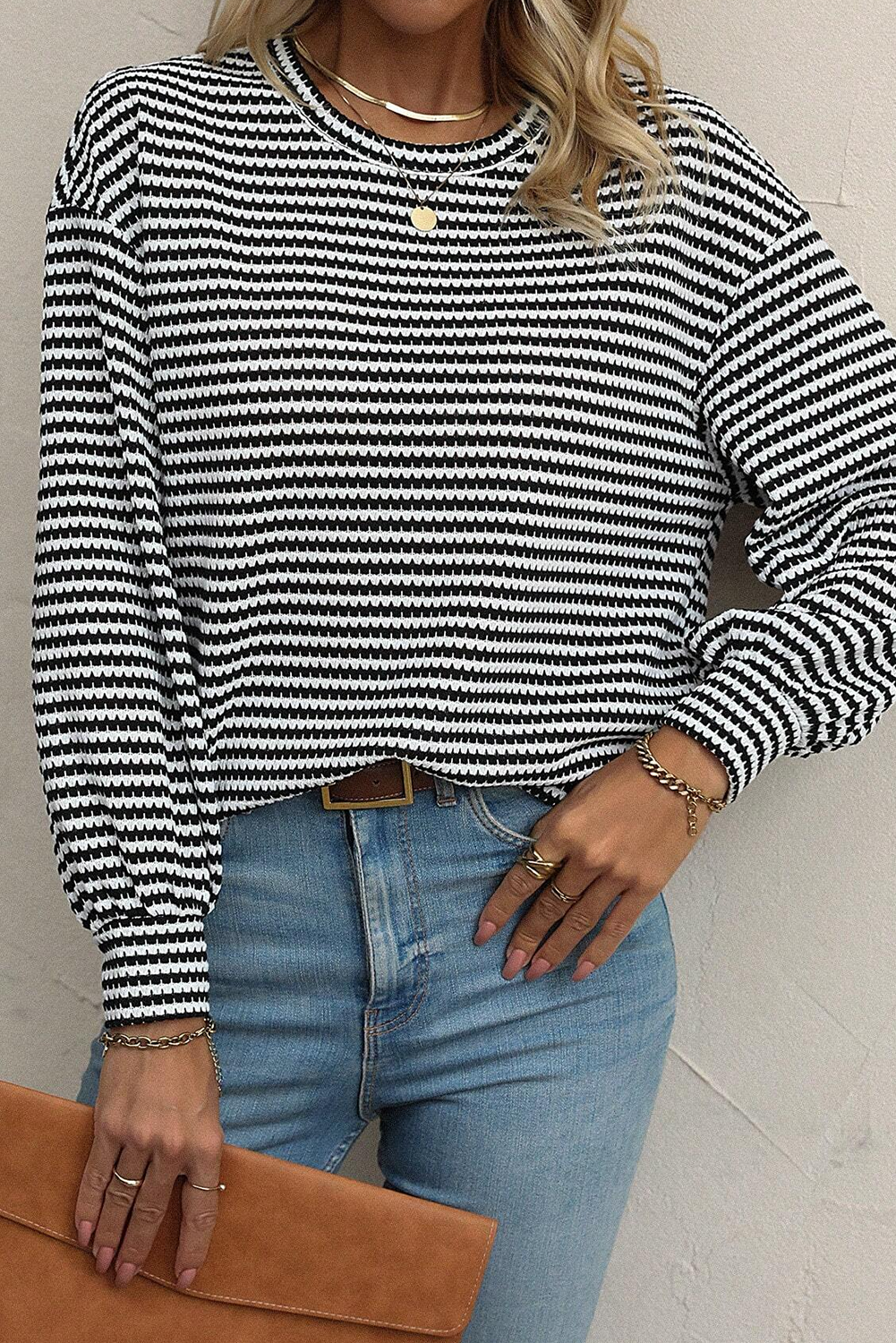 Black Stripe Round Neck Drop Shoulder Long Sleeve Top Long Sleeve Tops JT's Designer Fashion
