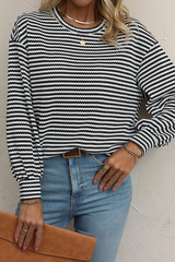 Black Stripe Round Neck Drop Shoulder Long Sleeve Top Long Sleeve Tops JT's Designer Fashion