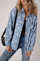 Sky Blue Star Print Light Wash Raw Hem Denim Jacket Denim Jackets JT's Designer Fashion