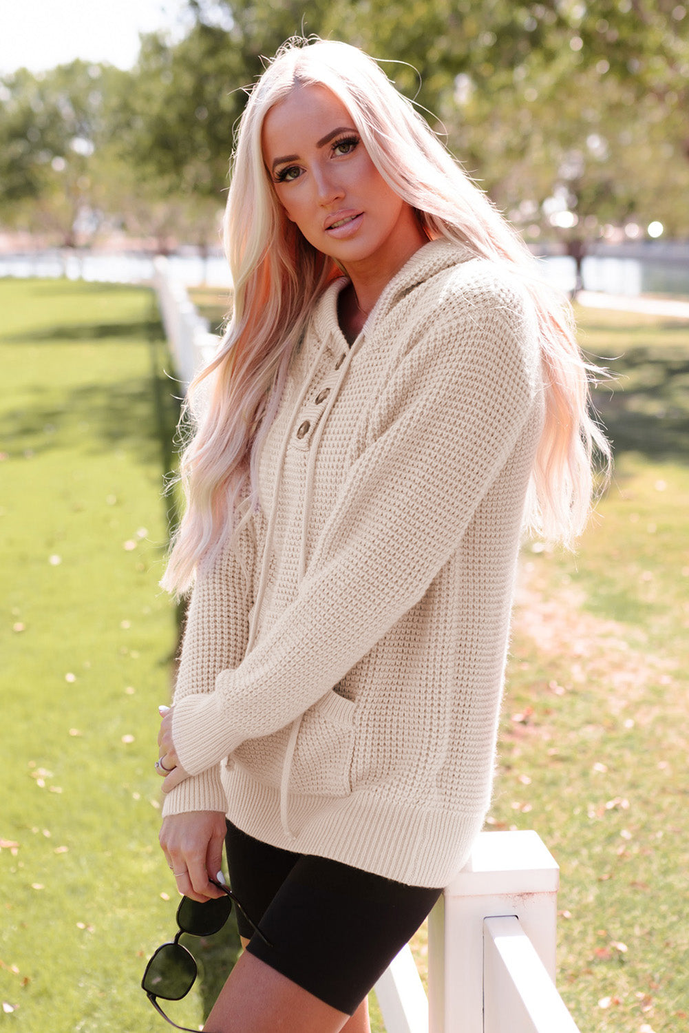 Apricot Waffle Knit Buttons Hooded Sweater with Pocket Sweaters & Cardigans JT's Designer Fashion