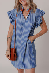 Sky Blue Stripe Frilly Split Neck Shirred Ruffle Sleeve Short Shift Dress Mini Dresses JT's Designer Fashion