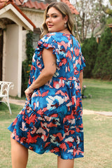 Blue Abstract Print Shirred Ruffled Short Sleeve Tiered Plus Size Mini Dress Plus Size Mini Dresses JT's Designer Fashion