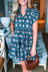 Blue Retro Floral Print Split Neck Ruffle Short Sleeve Dress Floral Dresses JT's Designer Fashion