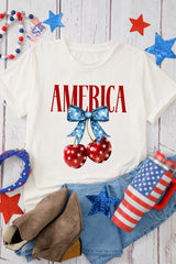 White AMERICA Bow Cherry Print Crewneck T Shirt Graphic Tees JT's Designer Fashion