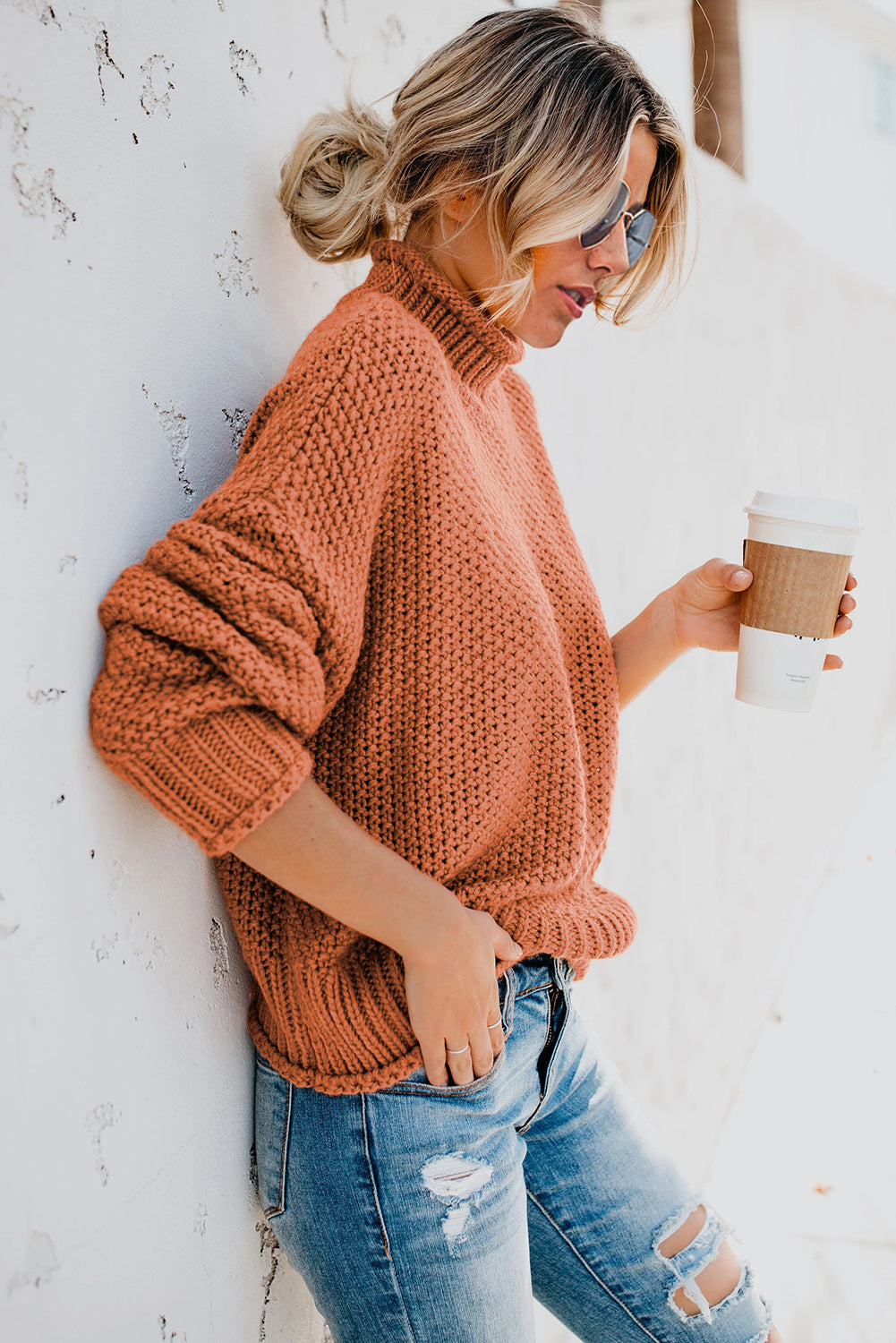 Orange Oversized Chunky Batwing Long Sleeve Turtleneck Sweater Sweaters & Cardigans JT's Designer Fashion
