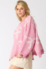 Pink Pearl Beaded Bowknot Pattern Distressed Split Hem Sweater Sweaters JT's Designer Fashion