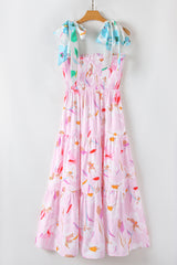 Pink Floral Print Knotted Shoulder Smocked Maxi Dress Floral Dresses JT's Designer Fashion