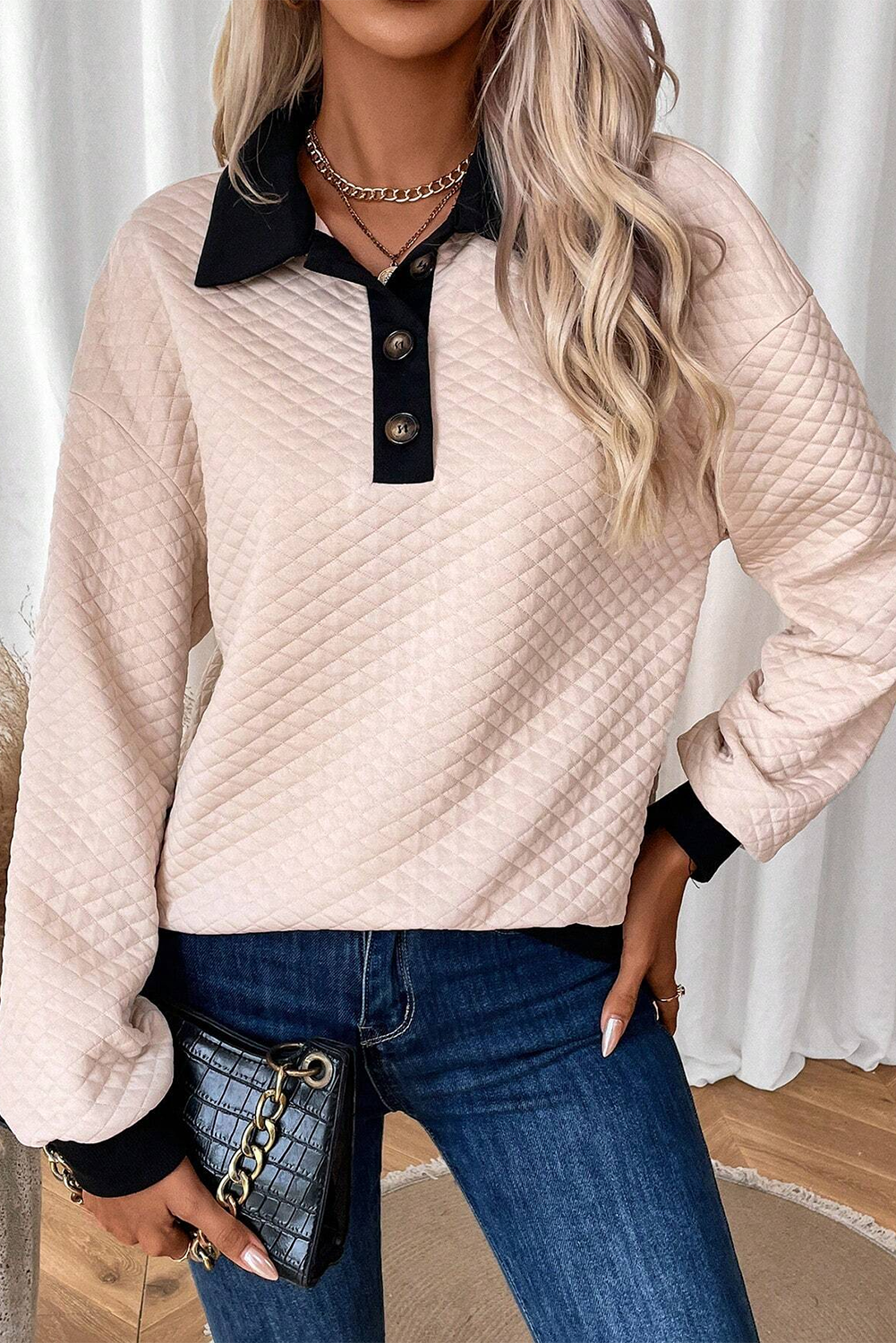 Oatmeal Textured Colorblock Edge Buttoned Collar Sweatshirt Sweatshirts & Hoodies JT's Designer Fashion