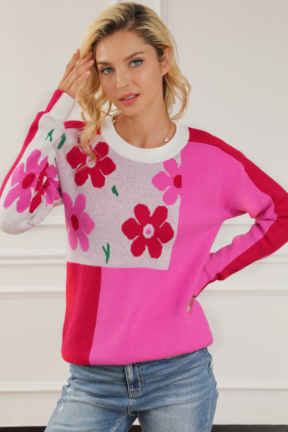 Rose Red Floral Mixed Color Block Sweater Sweaters & Cardigans JT's Designer Fashion