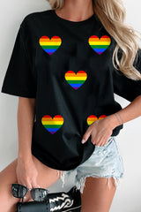Black Heart Print Crew Neck Chic T Shirt Graphic Tees JT's Designer Fashion
