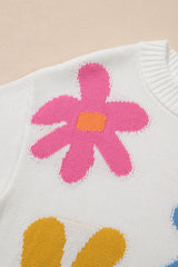 White Colorful Big Flower Pattern Crewneck Sweater Sweaters JT's Designer Fashion