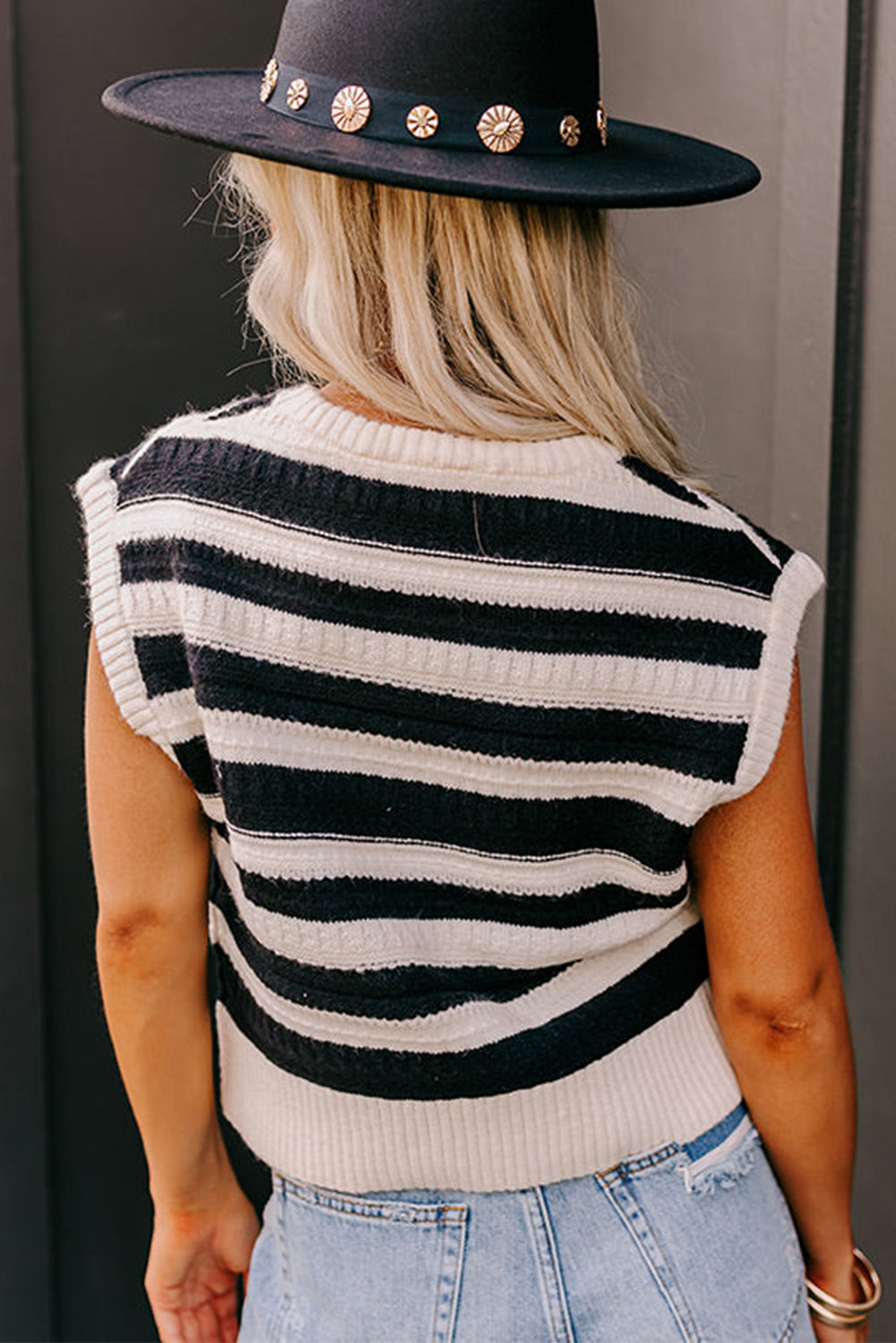 Black Stripe Round Neck Knit Tank Top Sweaters & Cardigans JT's Designer Fashion