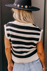 Black Stripe Round Neck Knit Tank Top Sweaters & Cardigans JT's Designer Fashion