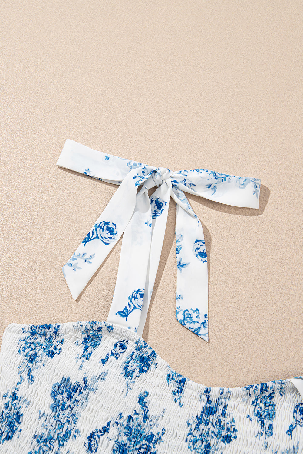 Sky Blue Floral Print Shirred Knot Shoulder Sleeveless Long Dress Floral Dresses JT's Designer Fashion