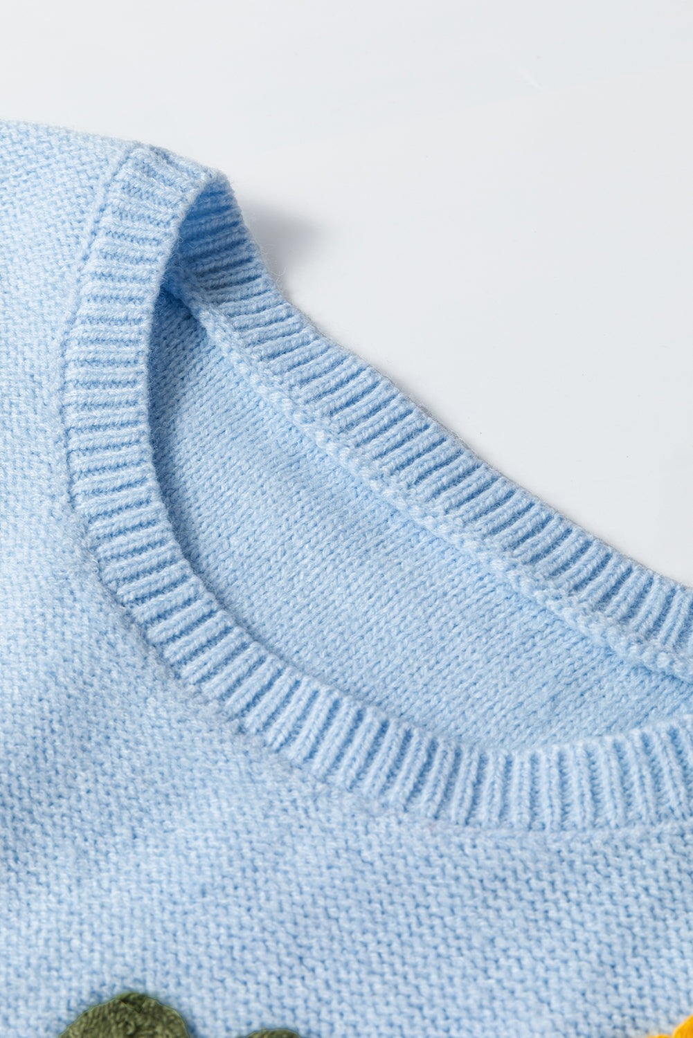 Light Blue Knitted Flower Pattern Ribbed Edge Sweater Sweaters JT's Designer Fashion