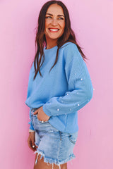 Myosotis Pearled Sleeves Drop Shoulder Round Neck Pullover Sweatshirt Sweatshirts & Hoodies JT's Designer Fashion
