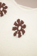 White Colorblock Floral Pattern Round Neck Sweater Sweaters JT's Designer Fashion