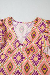 Orange Geometric Floral V Neck Buttoned Ruffled Sleeve Mini Dress Mini Dresses JT's Designer Fashion