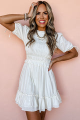 White Tie Short Sleeves Smocked Ruffle Mini Dress Dresses JT's Designer Fashion
