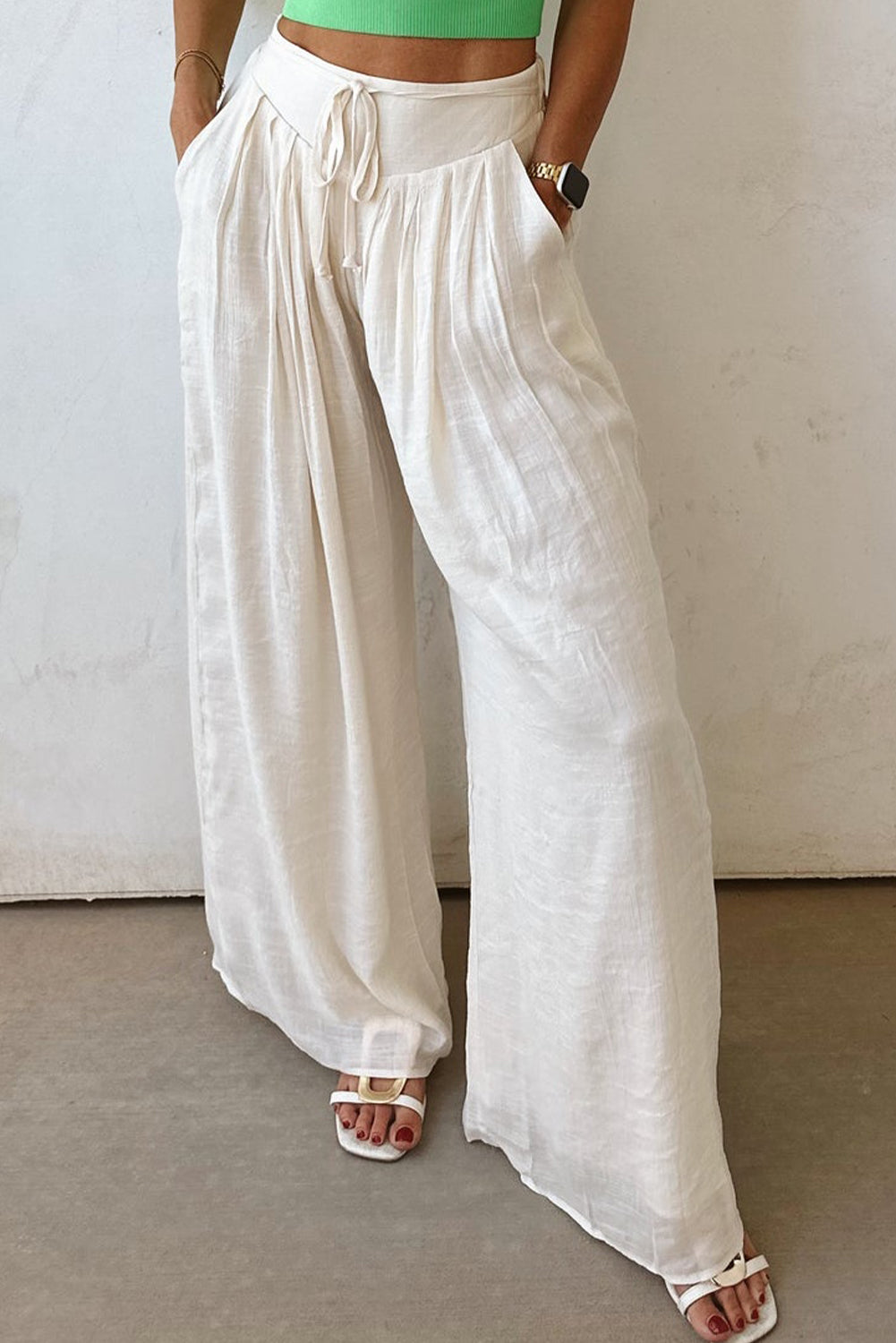 White Casual Tie Waist Pleated Wide Leg Pants Pants & Culotte JT's Designer Fashion