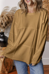 Light French Beige Solid Color Patchwork Drop Shoulder Baggy Sweatshirt Sweatshirts & Hoodies JT's Designer Fashion