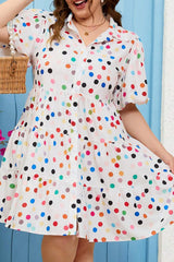 White Polka Dot Print Bubble Sleeve Button Up Plus Size Shirt Dress White 100%Polyester Plus Size Mini Dresses JT's Designer Fashion