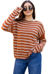 Brown Stripe Drop Shoulder Casual Sweater Sweaters JT's Designer Fashion