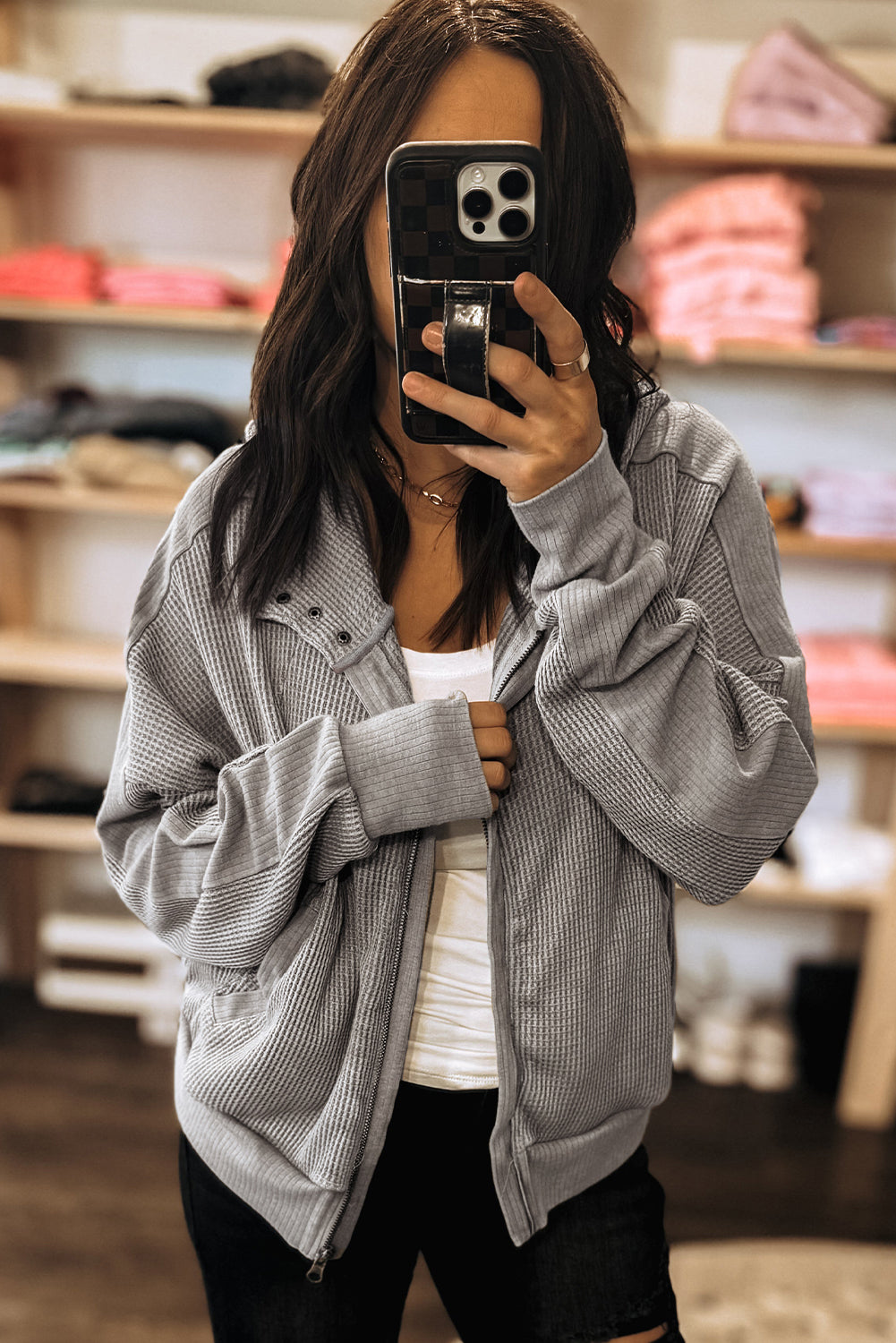 Gray Waffle Splicing Zip Up Front Button Hooded Jacket Jackets JT's Designer Fashion