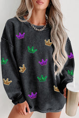 Black Mardi Gras Crown Sequin Patch Corded Baggy Sweatshirt Graphic Sweatshirts JT's Designer Fashion