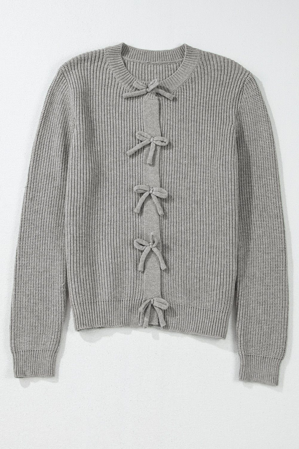 Philippine Gray Ribbed Knit Bow Front Buttoned Cardigan Cardigans JT's Designer Fashion