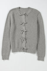 Philippine Gray Ribbed Knit Bow Front Buttoned Cardigan Cardigans JT's Designer Fashion