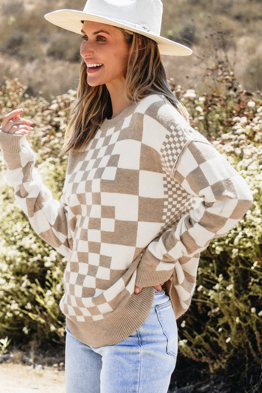 Khaki Checkered Print Drop Shoulder Round Neck Sweater Sweaters JT's Designer Fashion