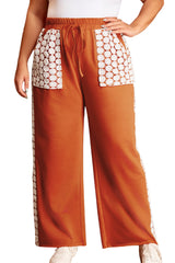 Gold Flame Plus Size Floral Crochet Patch Drawstring Wide Leg Pants Plus Size Bottoms JT's Designer Fashion