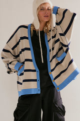 White Colorblock Drop Shoulder Buttoned Loose Cardigan Cardigans JT's Designer Fashion