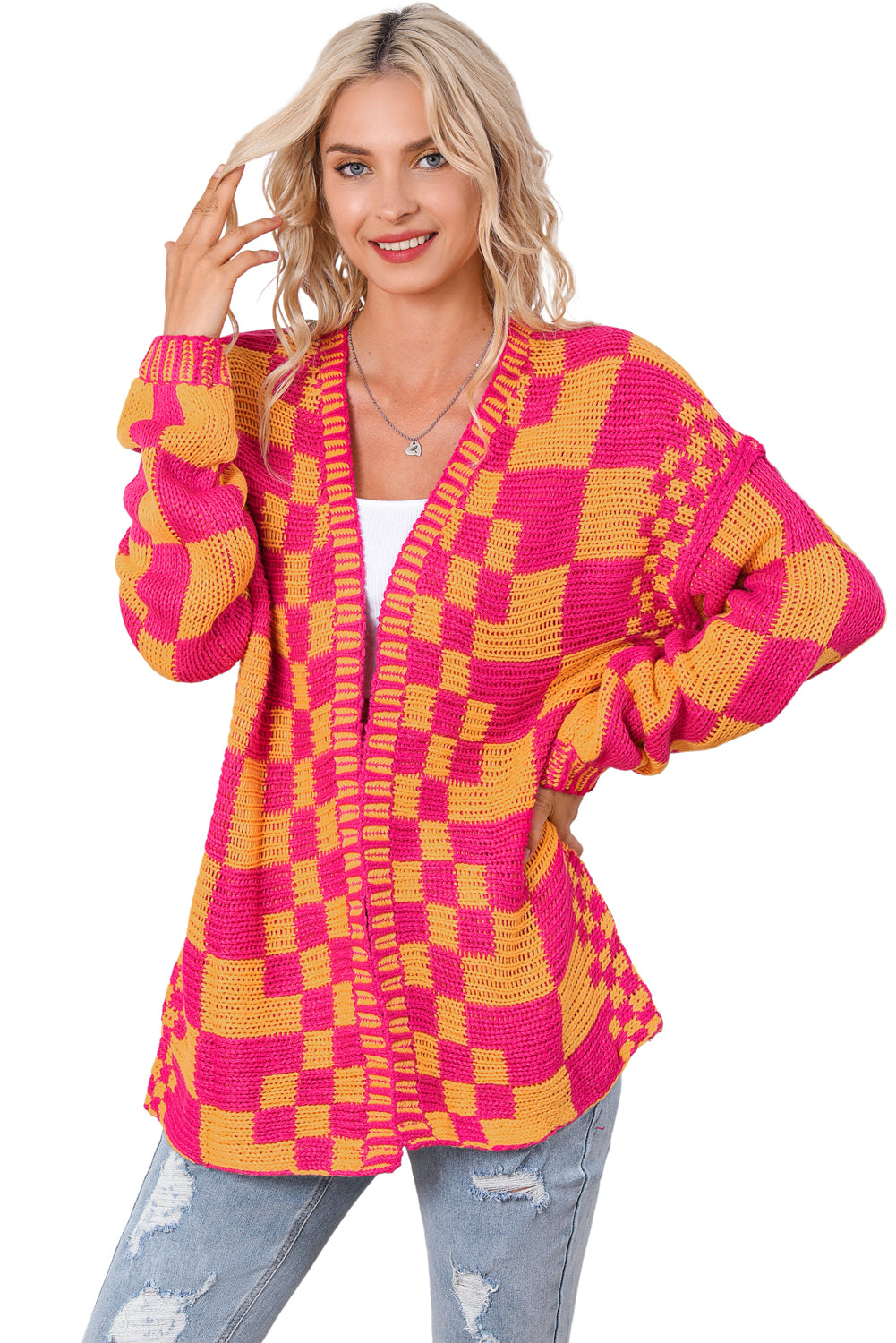 Multicolor Open Front Mixed Checkered Pattern Knit Cardigan Sweaters & Cardigans JT's Designer Fashion