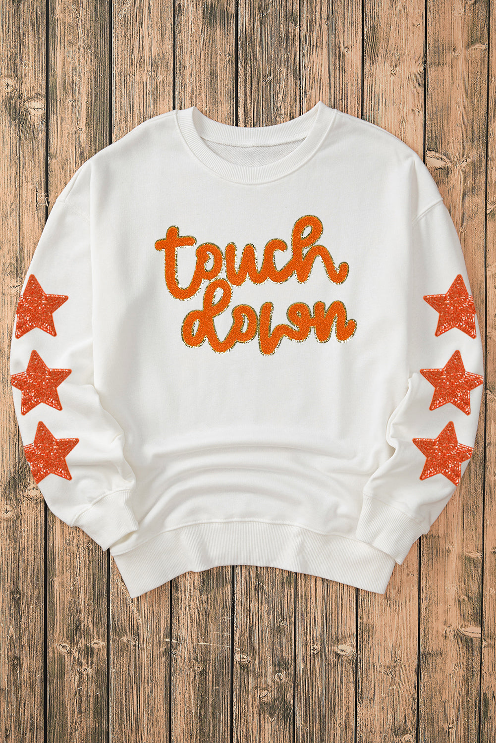 Beige Glittering Touch Down Patched Pattern Star Sleeve Sweatshirt Graphic Sweatshirts JT's Designer Fashion