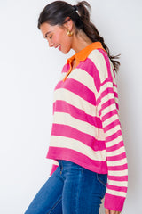Rose Stripe Color Block Collared V Neck Drop Shoulder Sweater Sweaters JT's Designer Fashion