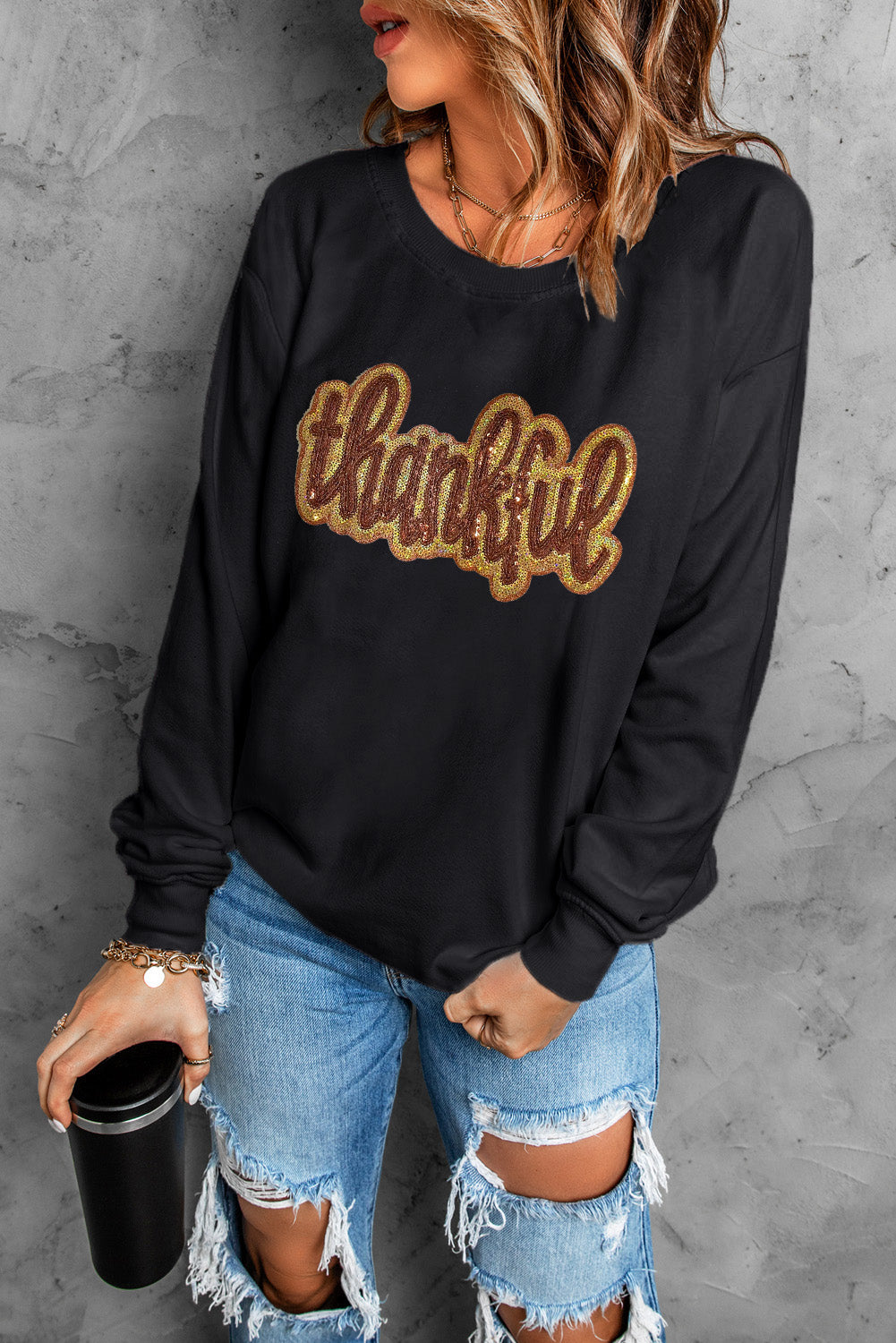 Black Glittering thankful Graphic Drop Shoulder Sweatshirt Graphic Sweatshirts JT's Designer Fashion