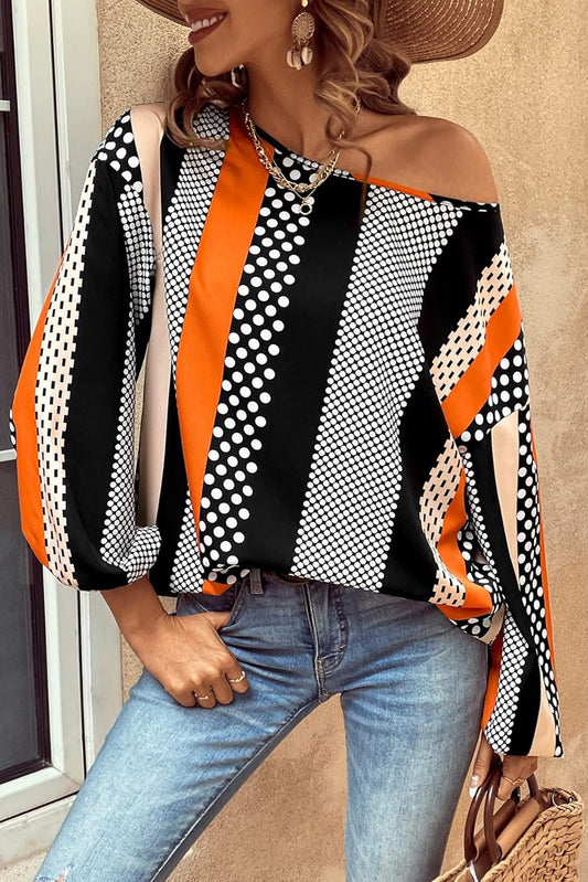 Orange Polka Dot Vertical Striped Printed Puff Sleeve Blouse Orange 100%Polyester Blouses & Shirts JT's Designer Fashion