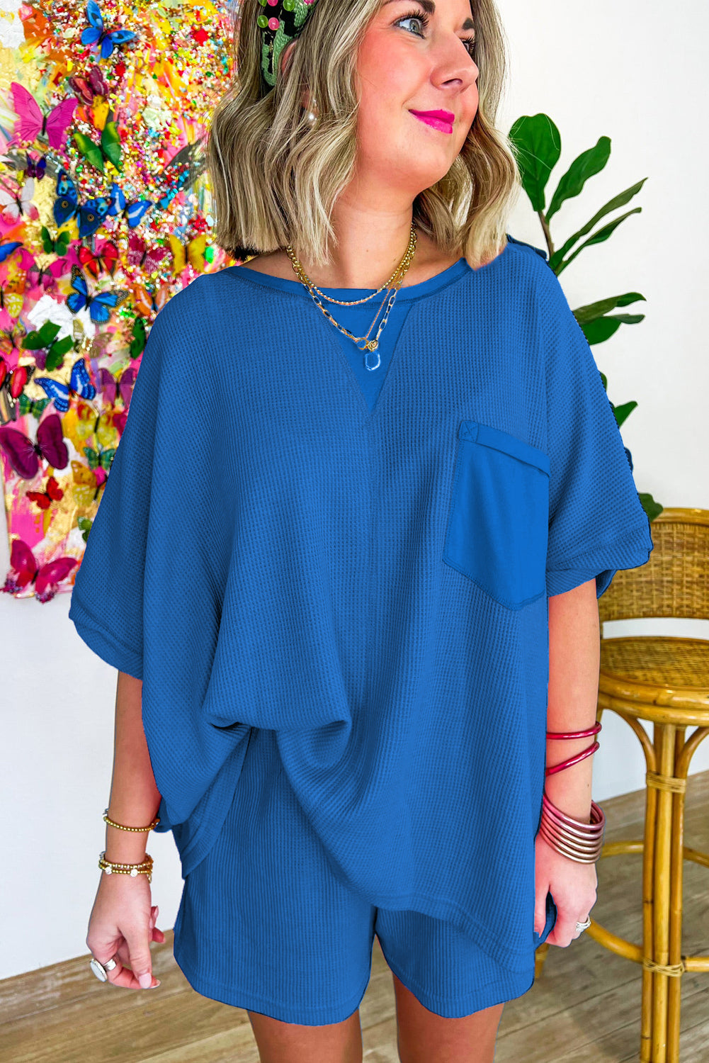 Sky Blue Waffle Knit Oversize Tee and Shorts Set Short Sets JT's Designer Fashion
