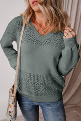 Mist Green Eyelet Pattern Detail V Neck Drop Shoulder Sweater Sweaters JT's Designer Fashion