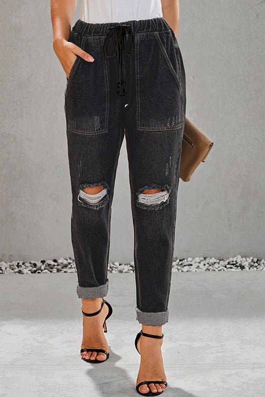 Black Gather Round Distressed Pocketed Denim Jogger Black 71%Cotton+27.5%Polyester+1.5%Spandex Jeans JT's Designer Fashion