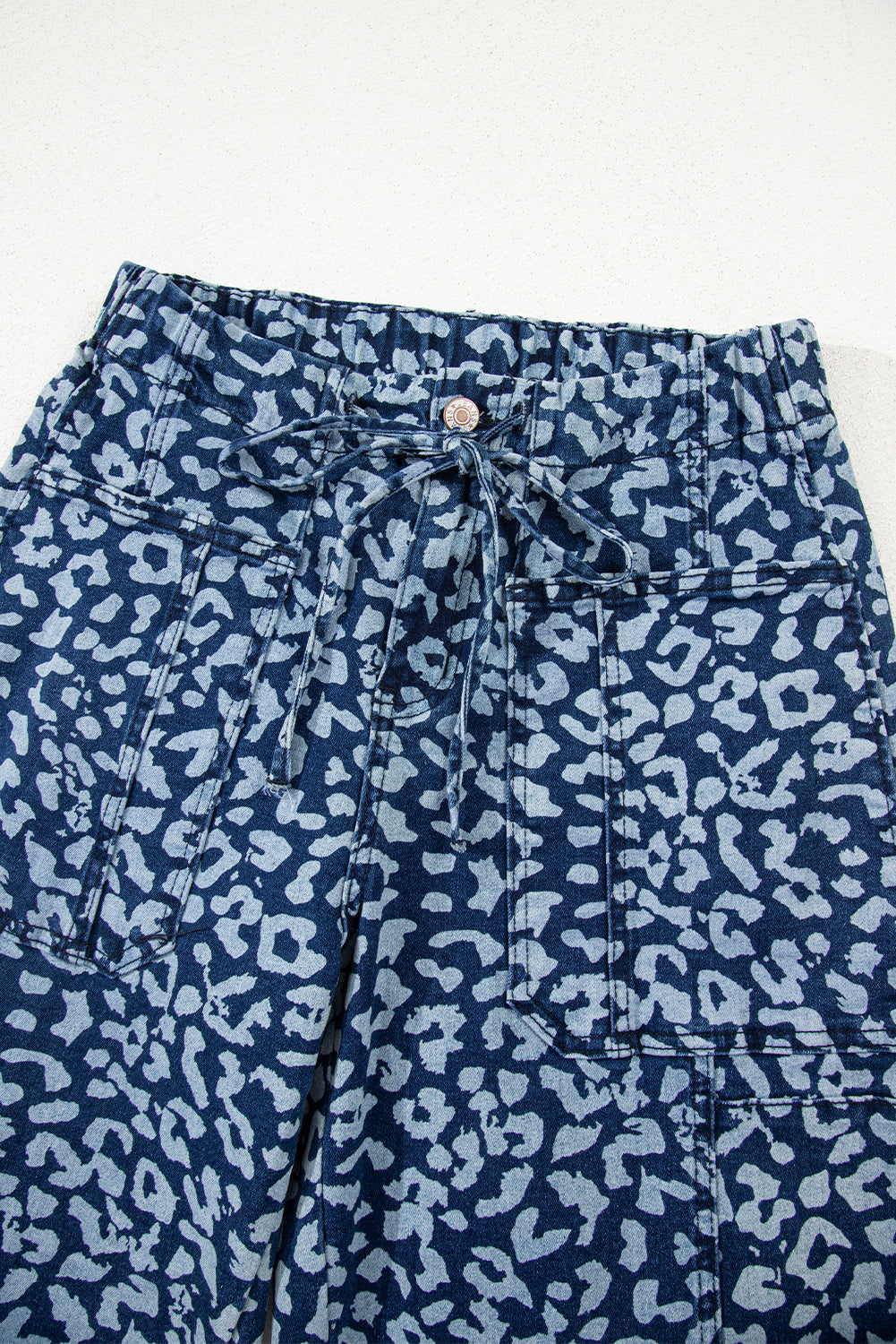 Blue Leopard Printed Drawstring Elastic Waistband Pocketed Wide Leg Jeans Jeans JT's Designer Fashion