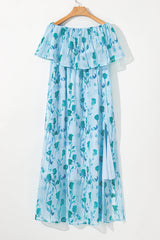 Green Floral Print Ruffled Side Slit Tube Top Maxi Dress Floral Dresses JT's Designer Fashion