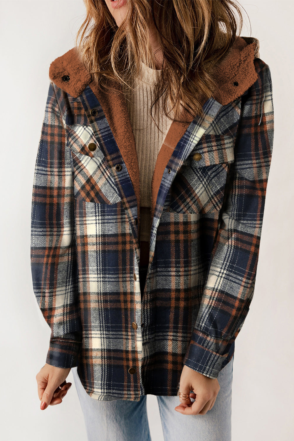 Plaid Pattern Sherpa Lined Hooded Shacket Blue-2 100%Polyester Plaid Shackets JT's Designer Fashion