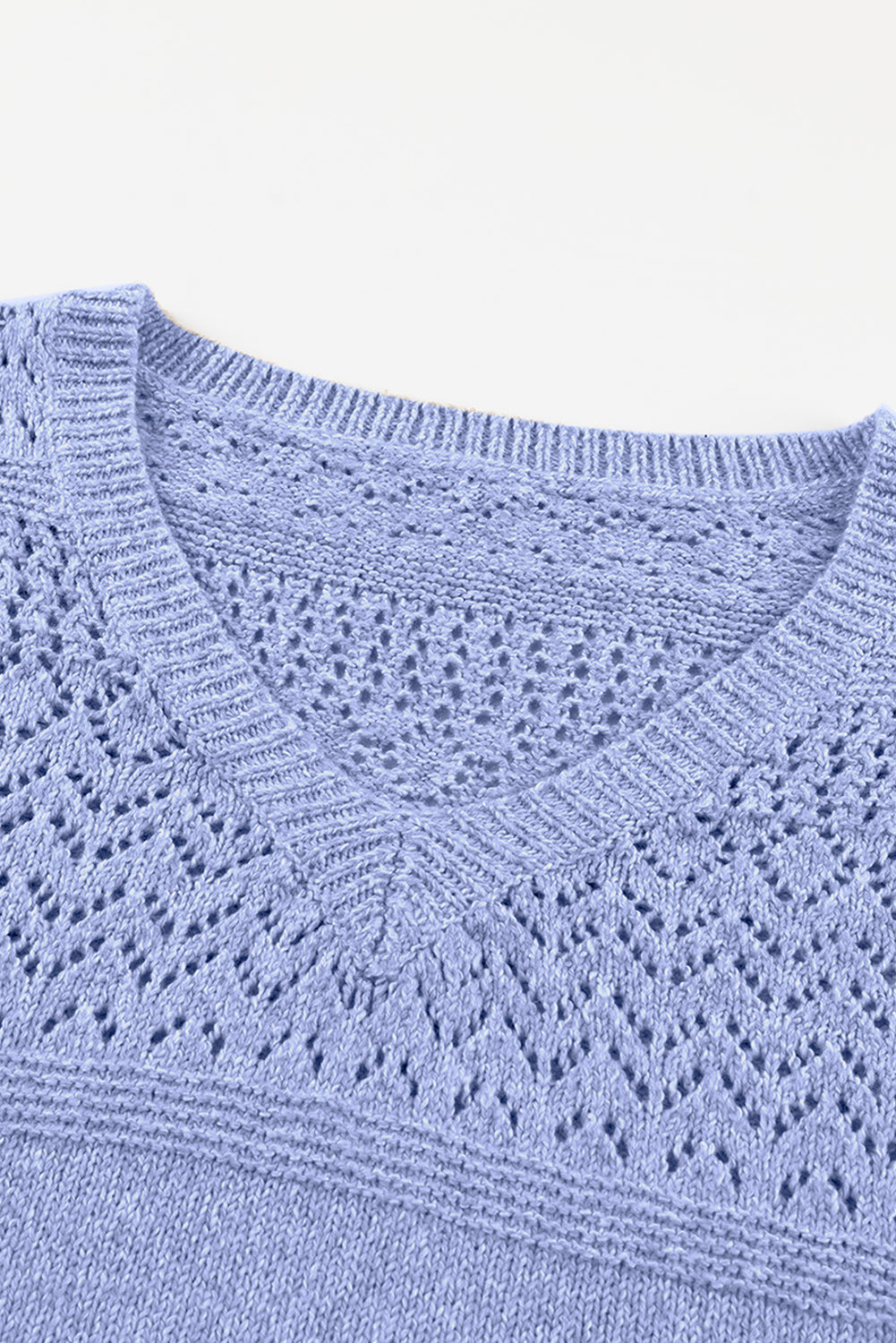 Sky Blue Eyelet Pattern Detail V Neck Drop Shoulder Sweater Sweaters JT's Designer Fashion