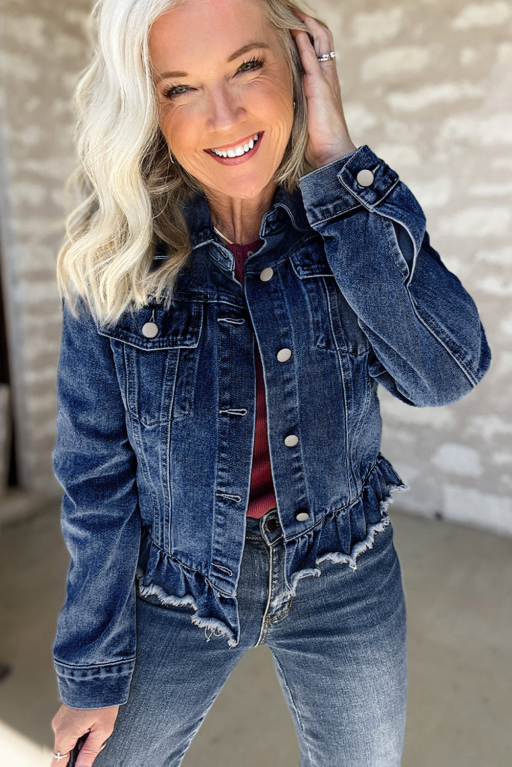 Navy Blue Ruffle Raw Hem Flap Pockets Denim Jacket Denim Jackets JT's Designer Fashion