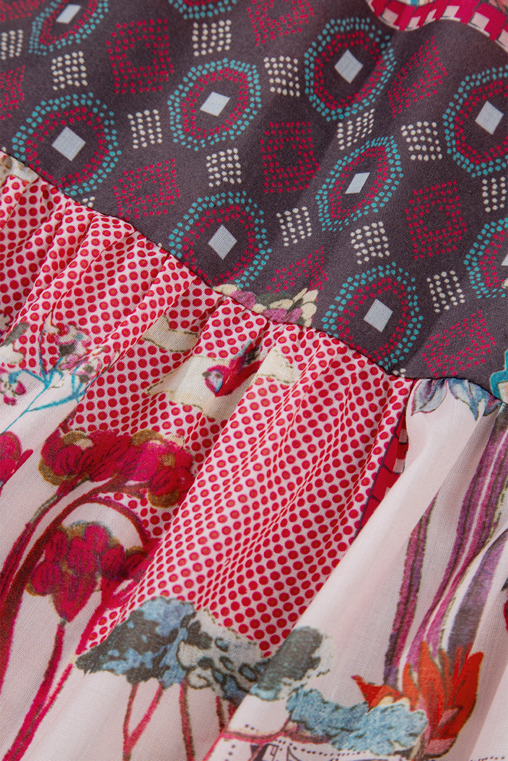 Red Boho Geometric Mixed Print Patchwork Bubble Sleeve Shirt Blouses & Shirts JT's Designer Fashion